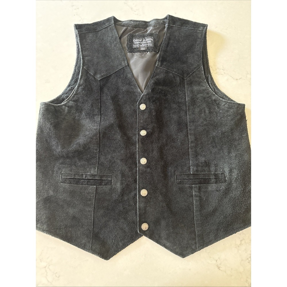 Cody James Western Vest Mens L Black Leather Buffalo Snap Cowboy Biker Suede